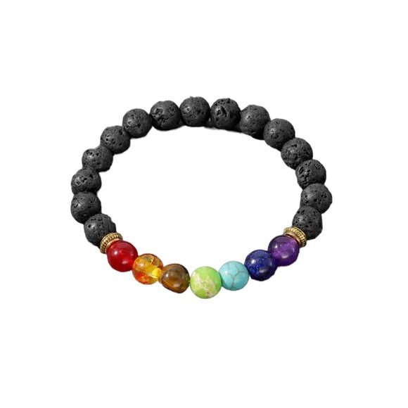 Natural Black Stone with Colorful Chakra Beads Bracelet - Picture 6 of 6